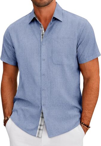 DEMEANOR Mens Linen Shirts Short Sleeve Wrinkle Free Untucked Shirt Casual Summer Beach Wedding Button Down Top with Pocket in Saudi Arabia