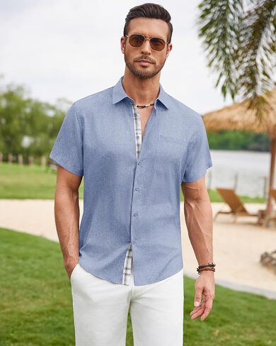 DEMEANOR Mens Linen Shirts Short Sleeve Wrinkle Free Untucked Shirt Casual Summer Beach Wedding Button Down Top with Pocket in Saudi Arabia