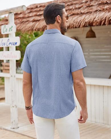 DEMEANOR Mens Linen Shirts Short Sleeve Wrinkle Free Untucked Shirt Casual Summer Beach Wedding Button Down Top with Pocket in Saudi Arabia