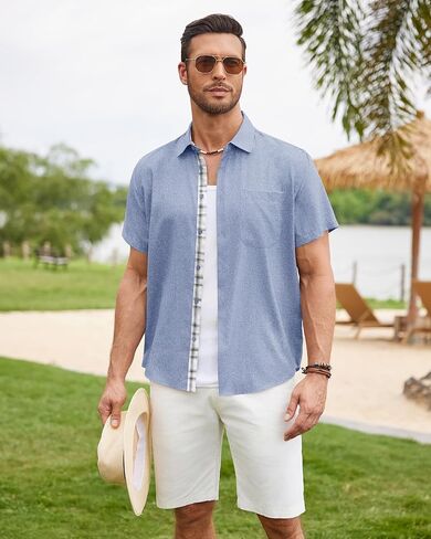 DEMEANOR Mens Linen Shirts Short Sleeve Wrinkle Free Untucked Shirt Casual Summer Beach Wedding Button Down Top with Pocket in Saudi Arabia