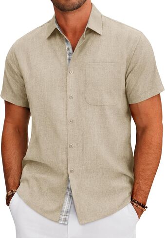 DEMEANOR Mens Linen Shirts Short Sleeve Wrinkle Free Untucked Shirt Casual Summer Beach Wedding Button Down Top with Pocket in Saudi Arabia