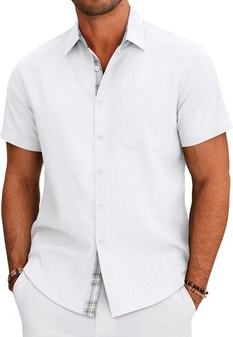 DEMEANOR Mens Linen Shirts Short Sleeve Wrinkle Free Untucked Shirt Casual Summer Beach Wedding Button Down Top with Pocket in Saudi Arabia