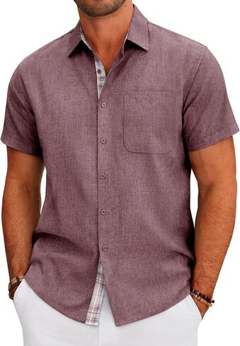 DEMEANOR Mens Linen Shirts Short Sleeve Wrinkle Free Untucked Shirt Casual Summer Beach Wedding Button Down Top with Pocket in Saudi Arabia