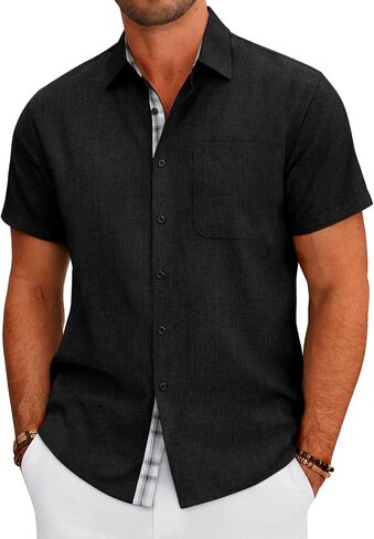 DEMEANOR Mens Linen Shirts Short Sleeve Wrinkle Free Untucked Shirt Casual Summer Beach Wedding Button Down Top with Pocket in Saudi Arabia
