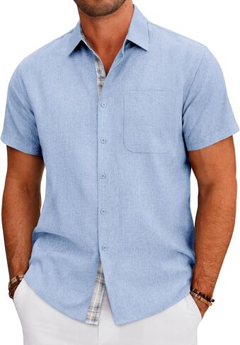 DEMEANOR Mens Linen Shirts Short Sleeve Wrinkle Free Untucked Shirt Casual Summer Beach Wedding Button Down Top with Pocket in Saudi Arabia