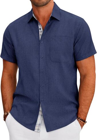 DEMEANOR Mens Linen Shirts Short Sleeve Wrinkle Free Untucked Shirt Casual Summer Beach Wedding Button Down Top with Pocket in Saudi Arabia