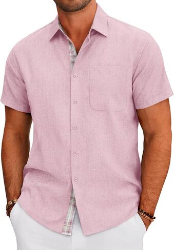 DEMEANOR Mens Linen Shirts Short Sleeve Wrinkle Free Untucked Shirt Casual Summer Beach Wedding Button Down Top with Pocket in Saudi Arabia