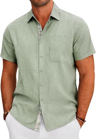 DEMEANOR Mens Linen Shirts Short Sleeve Wrinkle Free Untucked Shirt Casual Summer Beach Wedding Button Down Top with Pocket in Saudi Arabia
