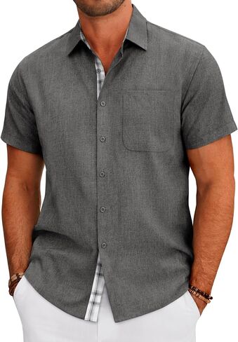 DEMEANOR Mens Linen Shirts Short Sleeve Wrinkle Free Untucked Shirt Casual Summer Beach Wedding Button Down Top with Pocket in Saudi Arabia