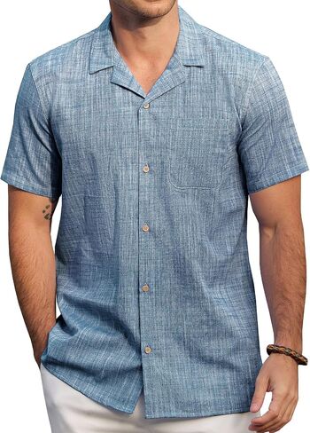 قمصان JOGAL الرجالية Chambray الكوبية بأكمام قصيرة كاجوال بأزرار سفلية، قميص قطن هاواي صيفي للشاطئ مع جيب in Kuwait