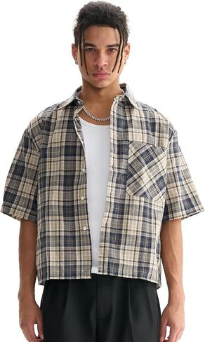 Comfy Quality Boxy Fit Cropped Check Men's T-Shirts Streetwear Short Sleeve Button Down Tops Shirts for Man in Saudi Arabia