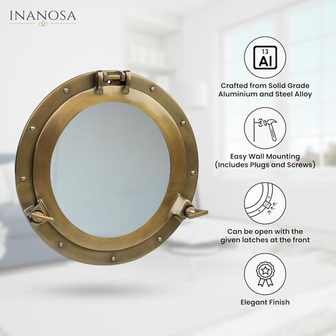 Brass Porthole Mirror 12 Inch – Antique Brass Porthole Frame, Nautical Wall Decor with Mirror Glass for Coastal & Ship Decor in Kuwait