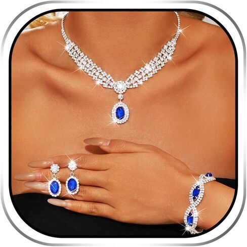 Sixexey Rhinestone Wedding Jewelry Set Silver and Blue Crystal Jewelry Sparkly Prom Earrings Necklace Jewelry for Women in Kuwait