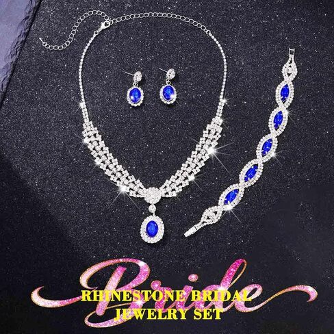 Sixexey Rhinestone Wedding Jewelry Set Silver and Blue Crystal Jewelry Sparkly Prom Earrings Necklace Jewelry for Women in Kuwait