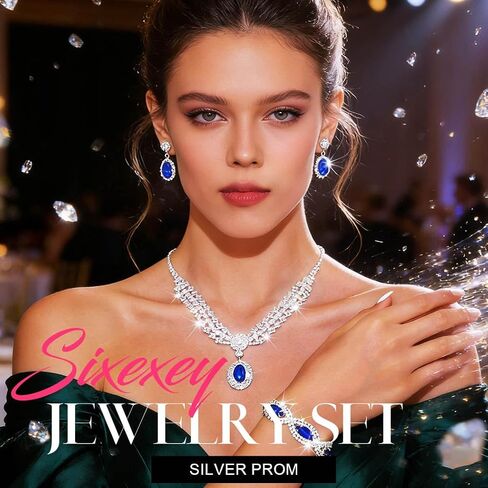 Sixexey Rhinestone Wedding Jewelry Set Silver and Blue Crystal Jewelry Sparkly Prom Earrings Necklace Jewelry for Women in Kuwait