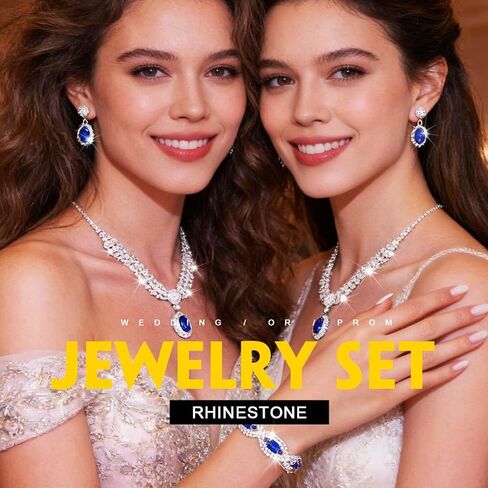 Sixexey Rhinestone Wedding Jewelry Set Silver and Blue Crystal Jewelry Sparkly Prom Earrings Necklace Jewelry for Women in Kuwait