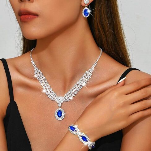 Sixexey Rhinestone Wedding Jewelry Set Silver and Blue Crystal Jewelry Sparkly Prom Earrings Necklace Jewelry for Women in Kuwait