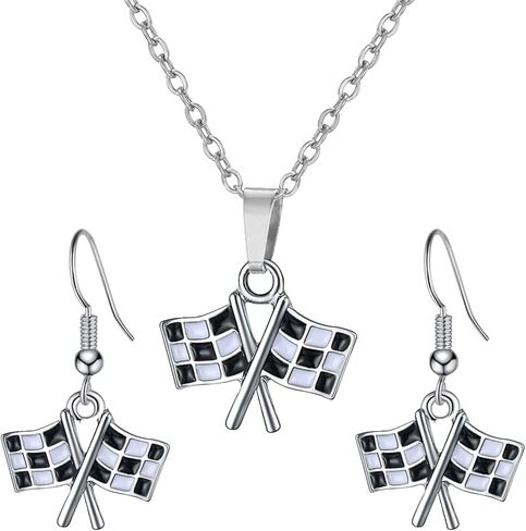 2Pcs Checkered Flag Earrings Necklace Set for Women, Black and White Checkered Earrings Racing Flags Earrings Necklace, Racing Day Race Car Driver Accessories Jewelry Gifts for Fans Costume in Saudi Arabia