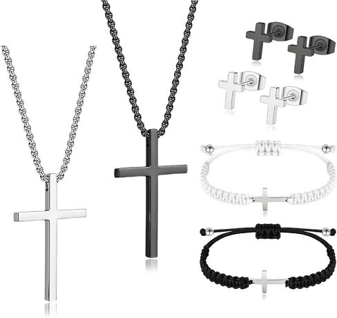 Cross Necklace Bracelet Earrings Stainless Steel Christian Jesus Silver Black Cross Chain Bracelets Studs Friendship Matching Couple Cross Jewelry Gifts for Women Men Mothers Day Gifts in Saudi Arabia