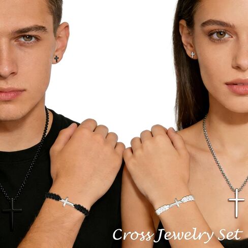 Cross Necklace Bracelet Earrings Stainless Steel Christian Jesus Silver Black Cross Chain Bracelets Studs Friendship Matching Couple Cross Jewelry Gifts for Women Men Mothers Day Gifts in Saudi Arabia