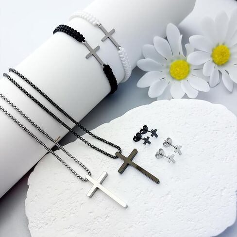 Cross Necklace Bracelet Earrings Stainless Steel Christian Jesus Silver Black Cross Chain Bracelets Studs Friendship Matching Couple Cross Jewelry Gifts for Women Men Mothers Day Gifts in Saudi Arabia