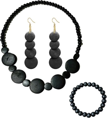 ONLYJUMP Colorful Ethnic Wooden Jewelry Set for Women Round Statement Dangle Earrings Multilayered Geometric Beaded Bracelet Necklace Exaggerated Tribal Style Jewelry in Kuwait