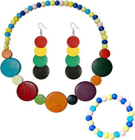 ONLYJUMP Colorful Ethnic Wooden Jewelry Set for Women Round Statement Dangle Earrings Multilayered Geometric Beaded Bracelet Necklace Exaggerated Tribal Style Jewelry in Kuwait