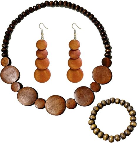 ONLYJUMP Colorful Ethnic Wooden Jewelry Set for Women Round Statement Dangle Earrings Multilayered Geometric Beaded Bracelet Necklace Exaggerated Tribal Style Jewelry in Kuwait