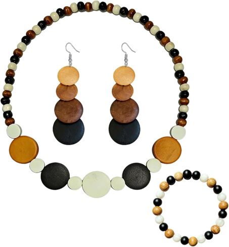 ONLYJUMP Colorful Ethnic Wooden Jewelry Set for Women Round Statement Dangle Earrings Multilayered Geometric Beaded Bracelet Necklace Exaggerated Tribal Style Jewelry in Kuwait