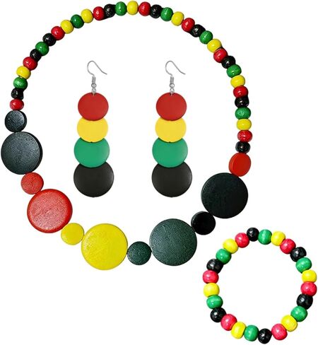 ONLYJUMP Colorful Ethnic Wooden Jewelry Set for Women Round Statement Dangle Earrings Multilayered Geometric Beaded Bracelet Necklace Exaggerated Tribal Style Jewelry in Kuwait