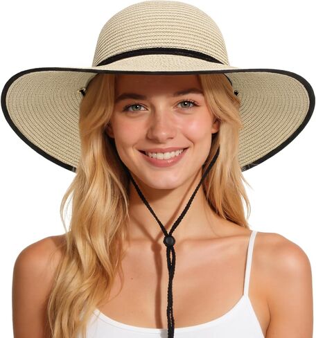 Sun Hats for Women, Oversize Wide Brim Straw Hat for Summer Travel Beach Foldable UV Protection with Wind Lanyard UPF 50+ in Saudi Arabia