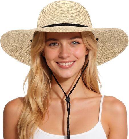 Sun Hats for Women, Summer Wide Brim Straw Beach Hat | Floppy Gardening Hat, Adjustable Derby Sunhat, UV Protection, Wind Lanyard, Foldable, UPF 50+, Vacation, Travel, Pool in Kuwait