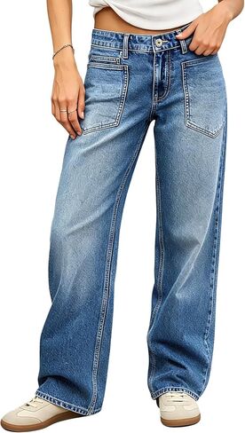 Baggy Jeans for Women Straight Leg Mid Rise Stretchy Patch Pocket Casual Denim Pants in Kuwait