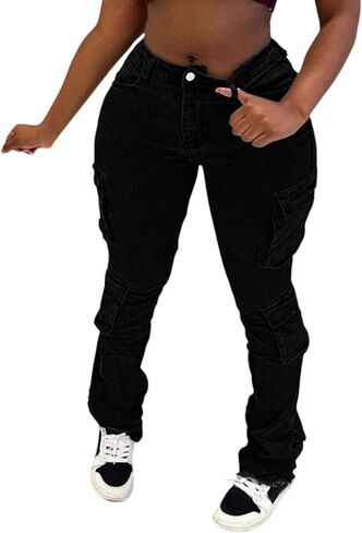 Skinny Cargo Pants Women Elastic Mid Waist Denim Jeans Streetwear Slim Fit Tapered with Flap Pocket Versatile in Saudi Arabia