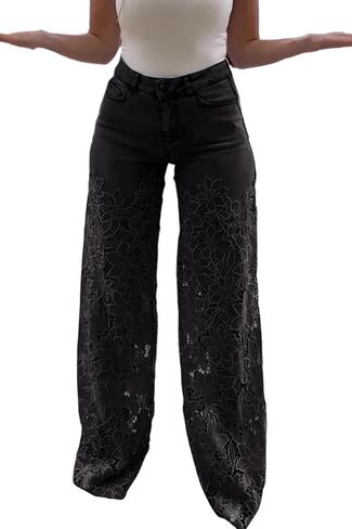 Women's Lace Patchwork Jeans High Waisted Straight Wide Leg Hollow Out Sheer Flower Baggy Stetch Denim Pants in Saudi Arabia