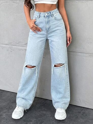 Women's Ripped Jeans Straight Leg Washed Loose Denim Pants Spring Fall Casual Ripped Long Trousers in Kuwait