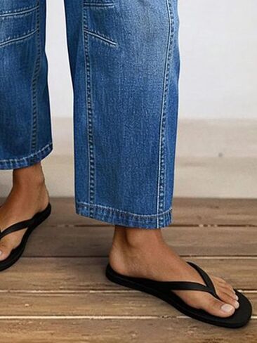 بنطال جينز Flamingals Barle Leg للسيدات بخصر عالٍ برباط وجيب عالي التمدد من قماش الدنيم in Kuwait