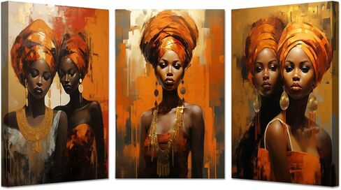 VOCBAN African Wall Art Canvas Set of 3 Orange African Sisters Home Decor,Wall Decorations,Photo Modern Artwork Picture Wall Decor Prints Paintings for Living Room-12x18in Framed in Kuwait