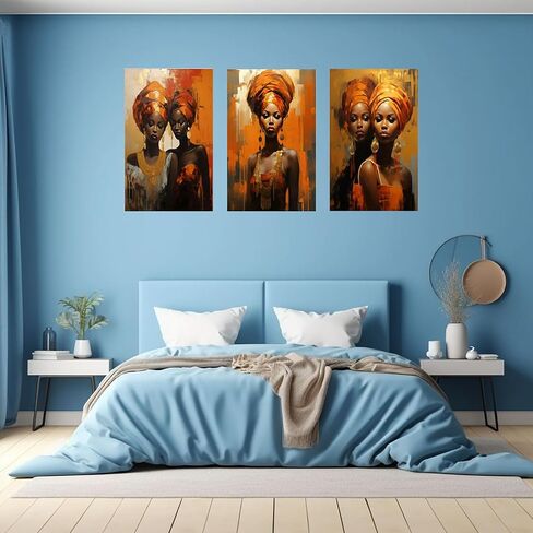 VOCBAN African Wall Art Canvas Set of 3 Orange African Sisters Home Decor,Wall Decorations,Photo Modern Artwork Picture Wall Decor Prints Paintings for Living Room-12x18in Framed in Kuwait