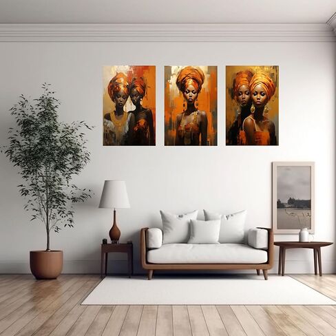 VOCBAN African Wall Art Canvas Set of 3 Orange African Sisters Home Decor,Wall Decorations,Photo Modern Artwork Picture Wall Decor Prints Paintings for Living Room-12x18in Framed in Kuwait