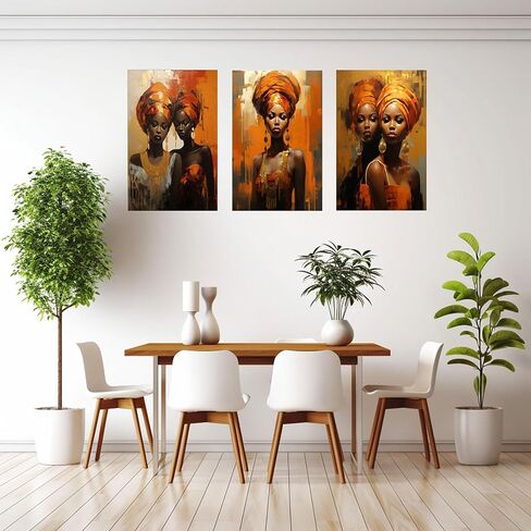 VOCBAN African Wall Art Canvas Set of 3 Orange African Sisters Home Decor,Wall Decorations,Photo Modern Artwork Picture Wall Decor Prints Paintings for Living Room-12x18in Framed in Kuwait