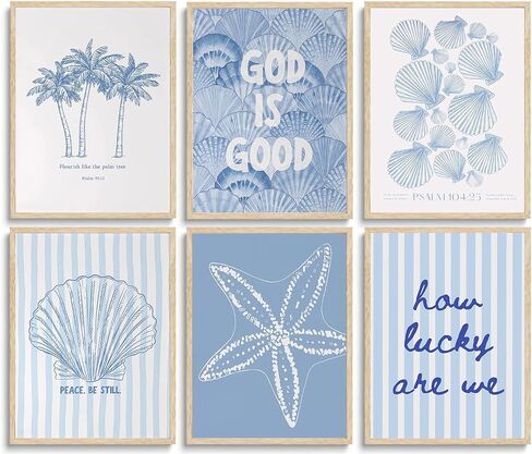 Kabcod 6Pcs Blue Coastal Wall Art,Beach Preppy Poster,Coastal Granddaughter Canvas Prints,Aesthetic Beachy Picture,Coast Ocean Shell Artwork,for Girls Girly Dorm Home Decor 8x10x6 Inch Unframed in Kuwait