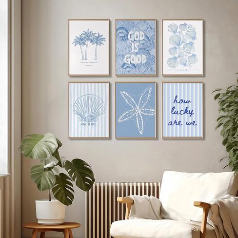 Kabcod 6Pcs Blue Coastal Wall Art,Beach Preppy Poster,Coastal Granddaughter Canvas Prints,Aesthetic Beachy Picture,Coast Ocean Shell Artwork,for Girls Girly Dorm Home Decor 8x10x6 Inch Unframed in Kuwait