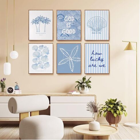 Kabcod 6Pcs Blue Coastal Wall Art,Beach Preppy Poster,Coastal Granddaughter Canvas Prints,Aesthetic Beachy Picture,Coast Ocean Shell Artwork,for Girls Girly Dorm Home Decor 8x10x6 Inch Unframed in Kuwait