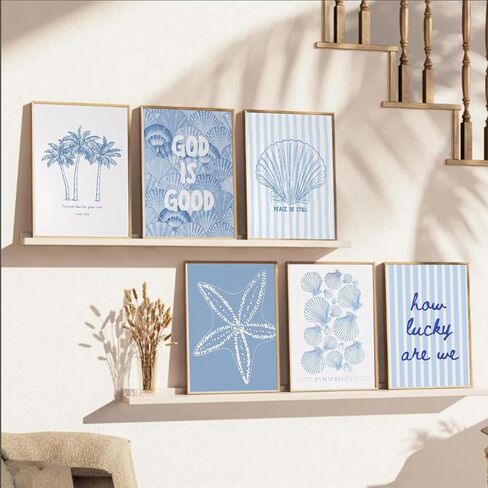 Kabcod 6Pcs Blue Coastal Wall Art,Beach Preppy Poster,Coastal Granddaughter Canvas Prints,Aesthetic Beachy Picture,Coast Ocean Shell Artwork,for Girls Girly Dorm Home Decor 8x10x6 Inch Unframed in Kuwait