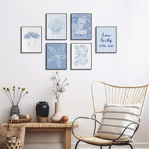 Kabcod 6Pcs Blue Coastal Wall Art,Beach Preppy Poster,Coastal Granddaughter Canvas Prints,Aesthetic Beachy Picture,Coast Ocean Shell Artwork,for Girls Girly Dorm Home Decor 8x10x6 Inch Unframed in Kuwait