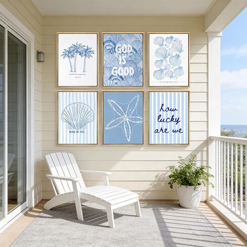 Kabcod 6Pcs Blue Coastal Wall Art,Beach Preppy Poster,Coastal Granddaughter Canvas Prints,Aesthetic Beachy Picture,Coast Ocean Shell Artwork,for Girls Girly Dorm Home Decor 8x10x6 Inch Unframed in Kuwait