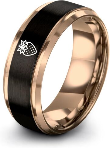 strawberry Ring - Gift for Fruit Fan - Band - Flat Dome Bevel - Black Yellow Rose Gold - Personalized Custom Engraving - Brushed Polished - 8mm - Men Women - Anniversary Wedding - Tungsten Carbide in Saudi Arabia