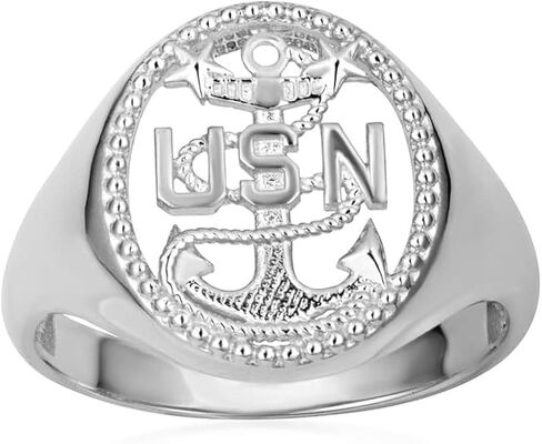Men's 925 Sterling Silver Officially Licensed United States Navy Anchor Master Chief Petty Officer Milgrain Open Signet Band or Pinky Ring, Available in Sizes 6-16 in Saudi Arabia