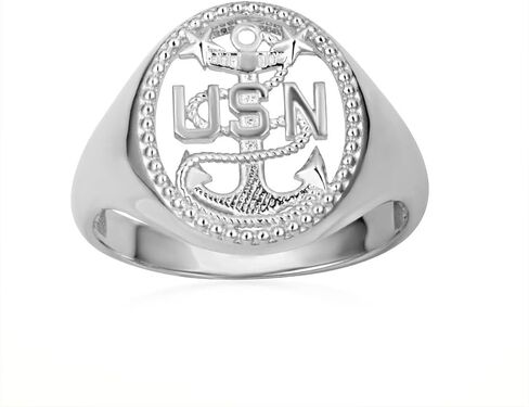 Men's 925 Sterling Silver Officially Licensed United States Navy Anchor Master Chief Petty Officer Milgrain Open Signet Band or Pinky Ring, Available in Sizes 6-16 in Saudi Arabia